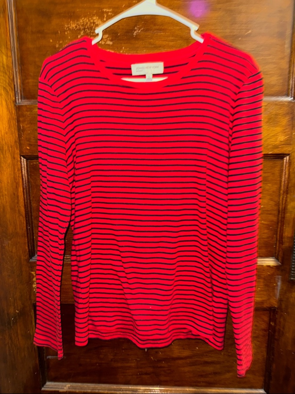 Jones New York Sport Red and Black Striped Crew Top